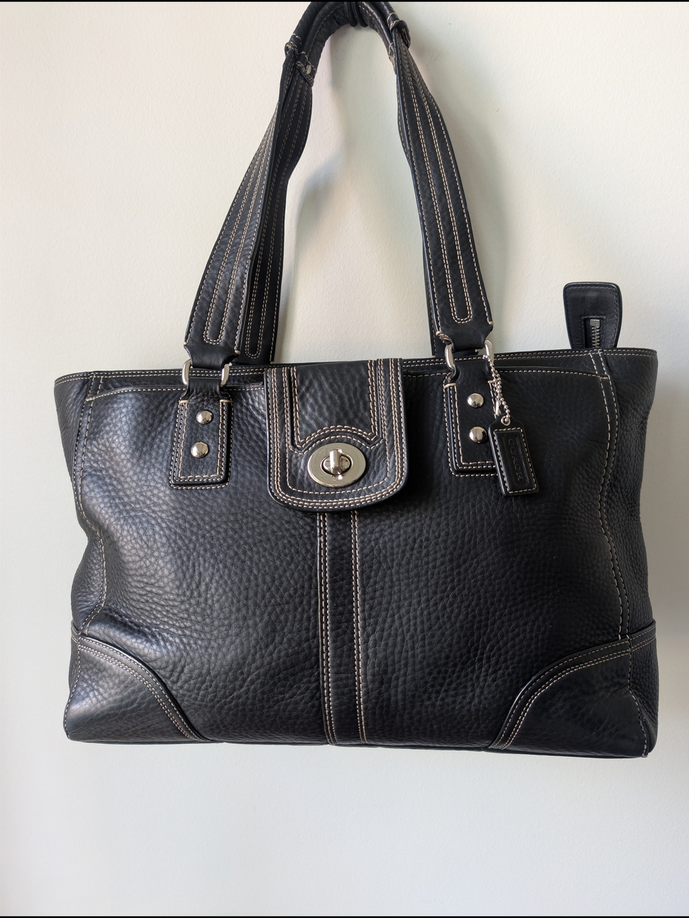 Coach Black Pebbled Leather Turnlock Tote Bag | Large Shoulder Bag | Silver Hard